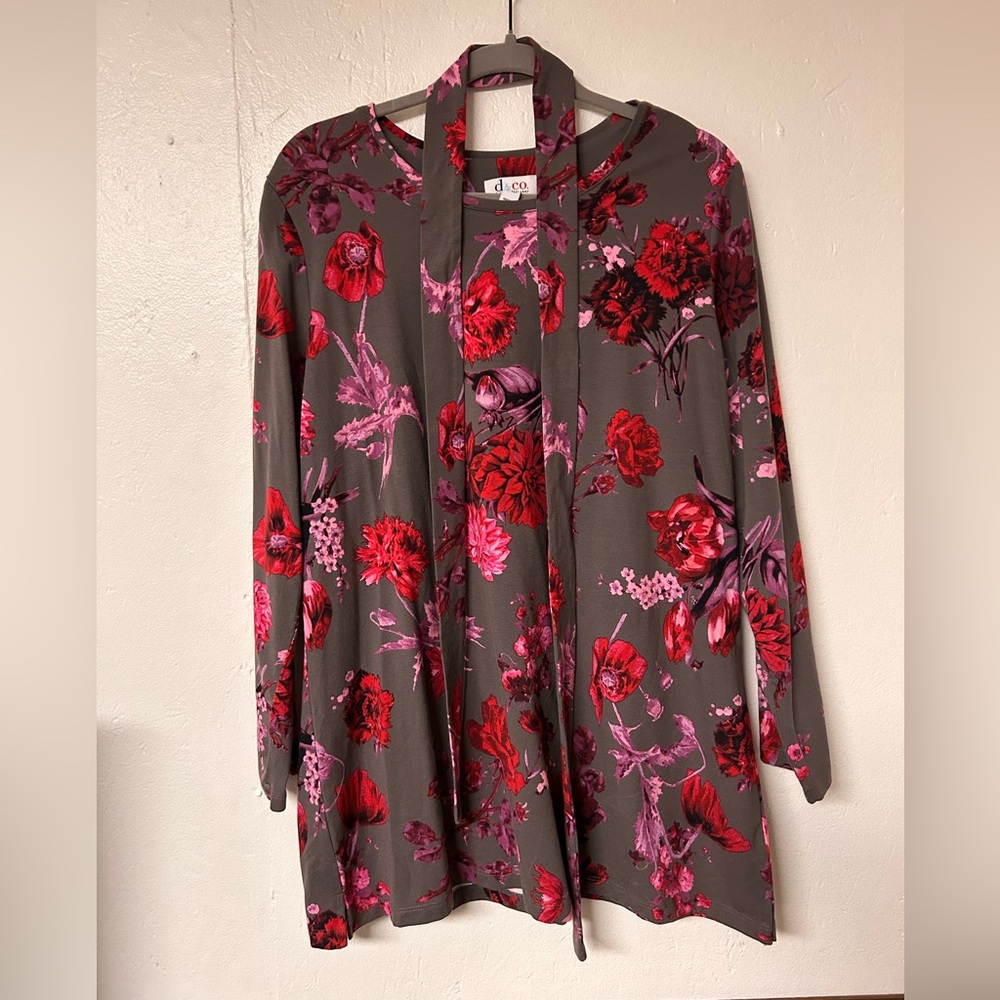 Denim & Company Gray Floral Long Sleeve Tunic fabric belt Women’s Large Petite